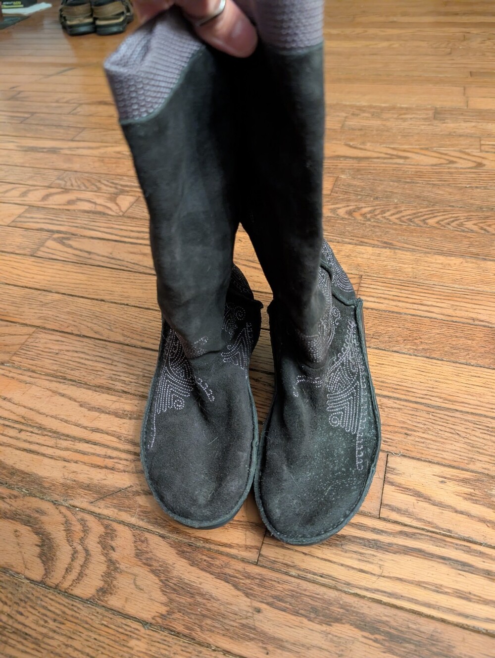 Puma Purple Suede Mid-Calf Heeled Boots with Decorative Stitching